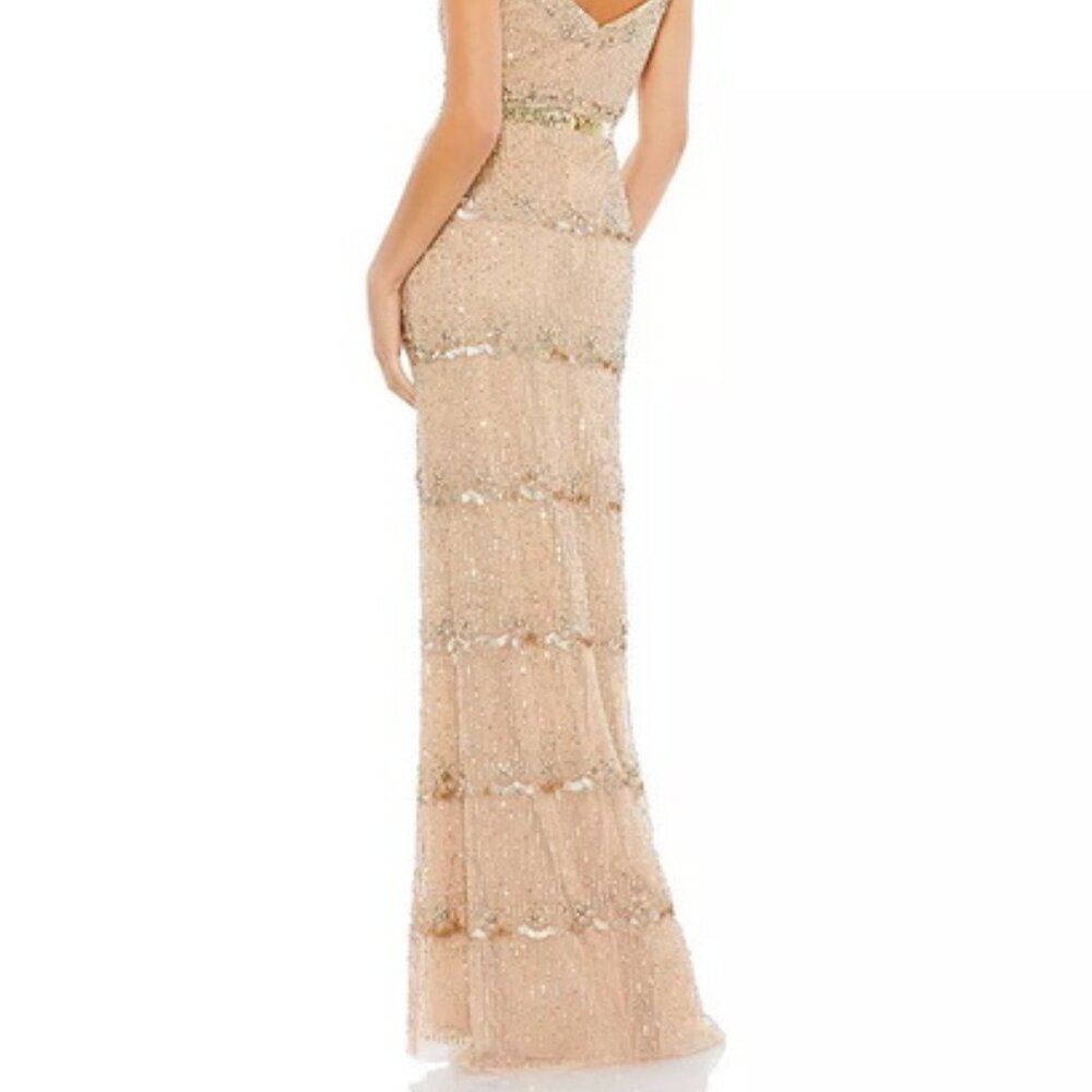 Mac Duggal Nude Beige Gold Cap Sleeve Embellished Column Gown - Picture 4 of 5